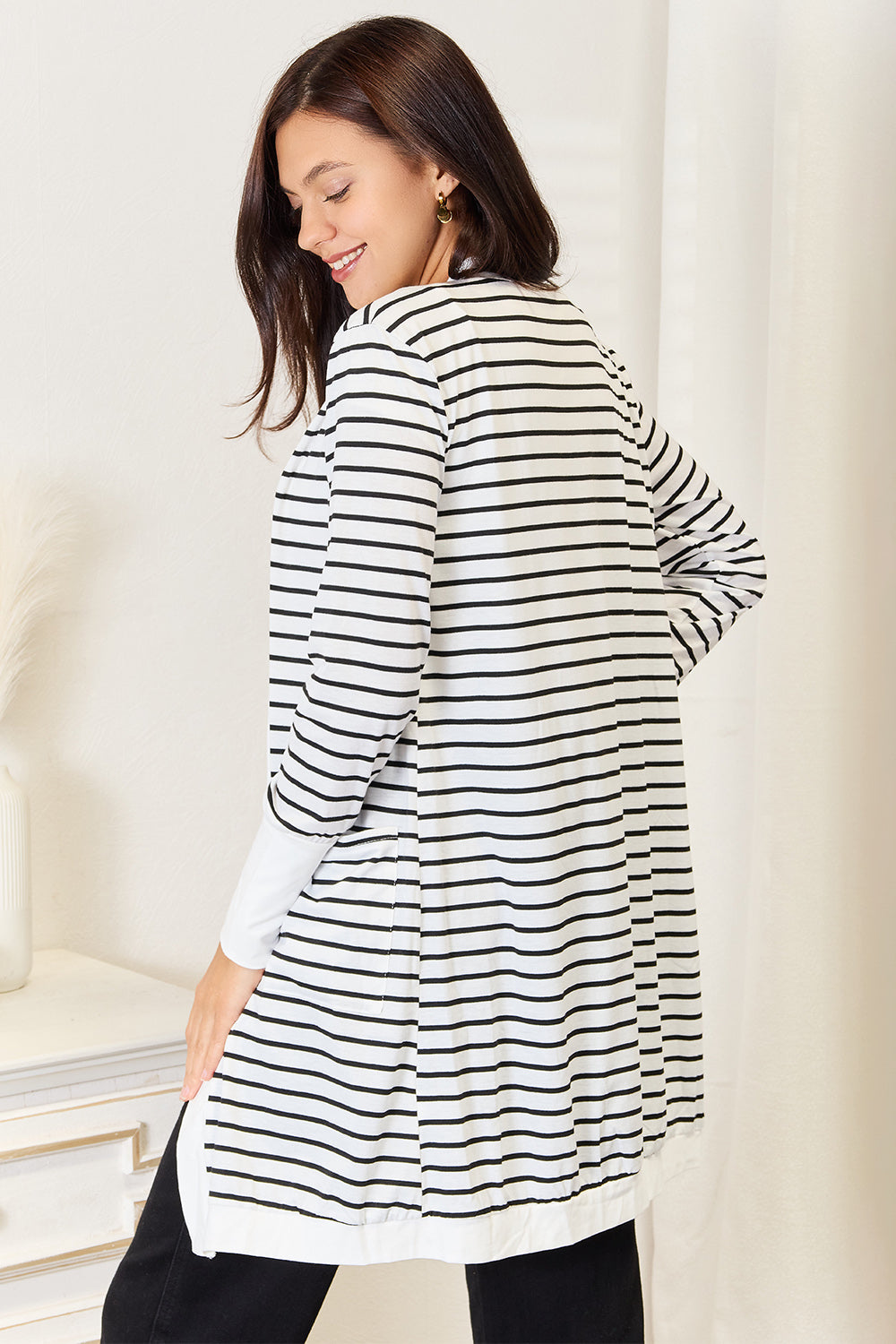Double Take Striped Open Front Longline Cardigan 