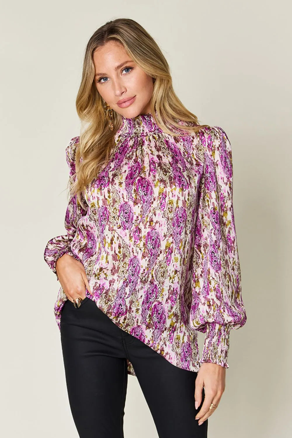 Double Take Full Size Printed Smocked Long Sleeve Blouse 