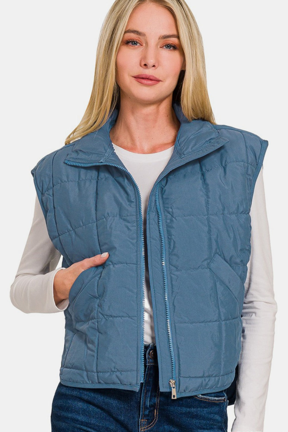 Zenana Zip Up Cropped Puffer Vest with Pockets 