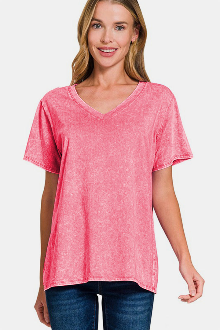 Zenana Full Size Washed Short Sleeve V-Neck T-Shirt 
