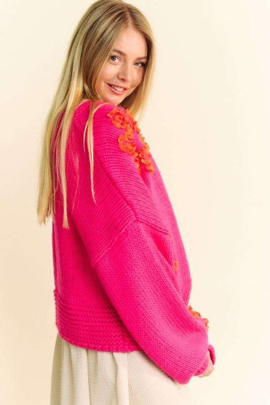 Davi & Dani Floral Applique Open Front Drop Shoulder Cardigan 