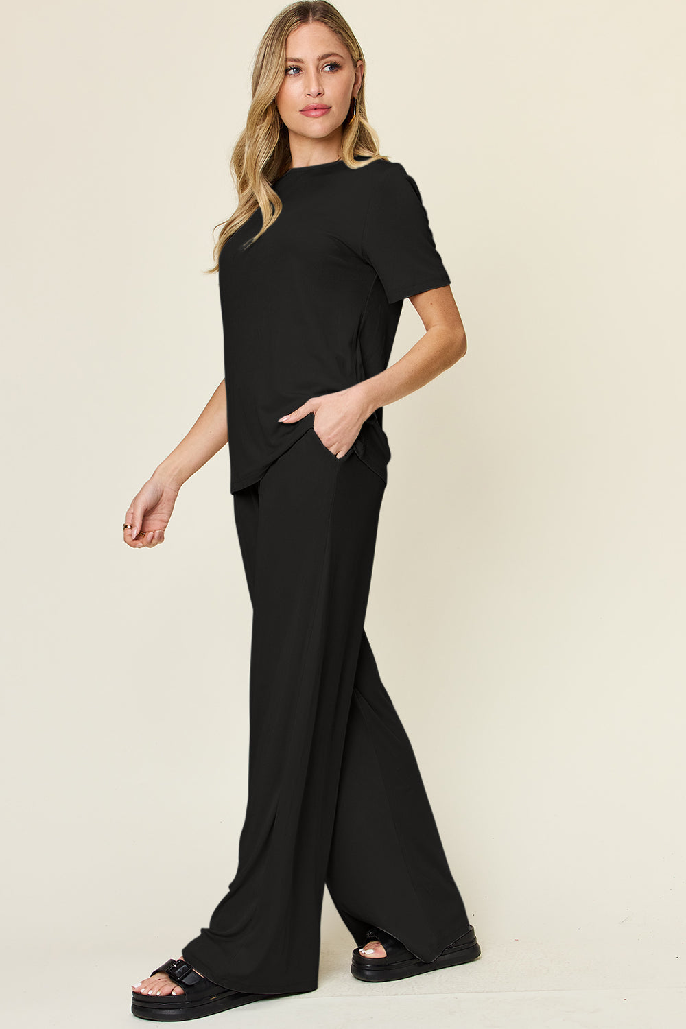 Double Take Full Size Round Neck Short Sleeve T-Shirt and Wide Leg Pants Set 