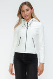 Snobbish Faux Leather Zip Up Drawstring Hooded Jacket 