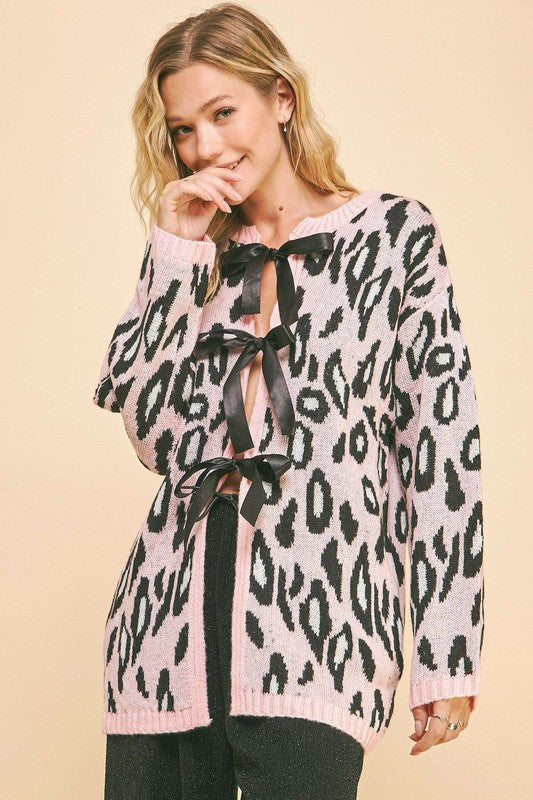 Davi & Dani Leopard Ribbon Tie Front Loose Fit Cardigan 