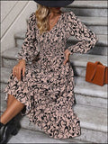 Perfee Printed V-Neck Long Sleeve Midi Dress Dresses