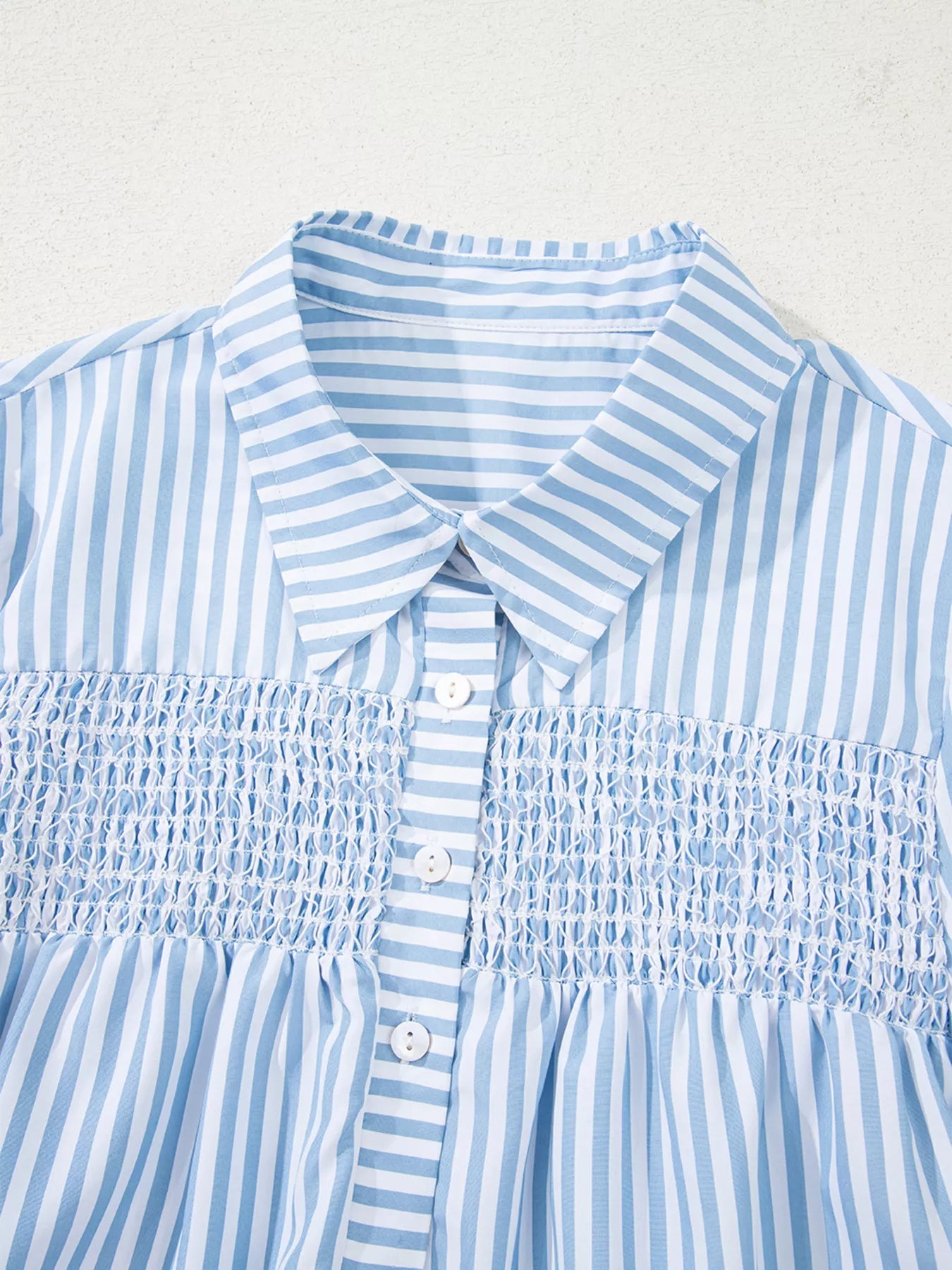 Stripe Shirred Detail Half Placket Collared Long Sleeve Shirt 
