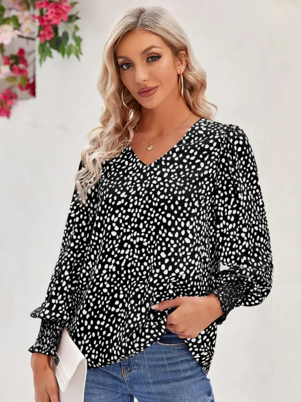 Printed V-Neck Lantern Sleeve Blouse 