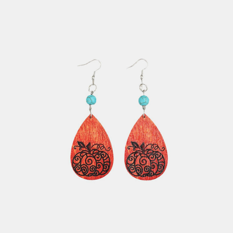 Turquoise Wooden Pumpkin Teardrop Earrings 