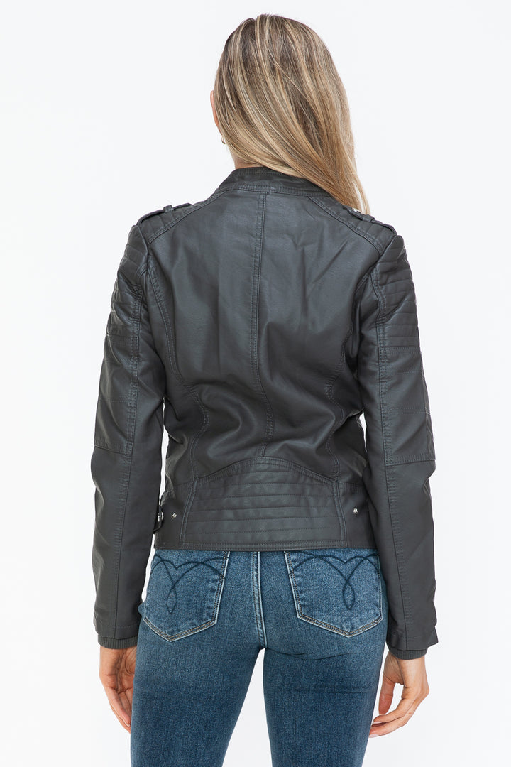 Snobbish PU Leather Biker Jacket with Side Zip Pockets 