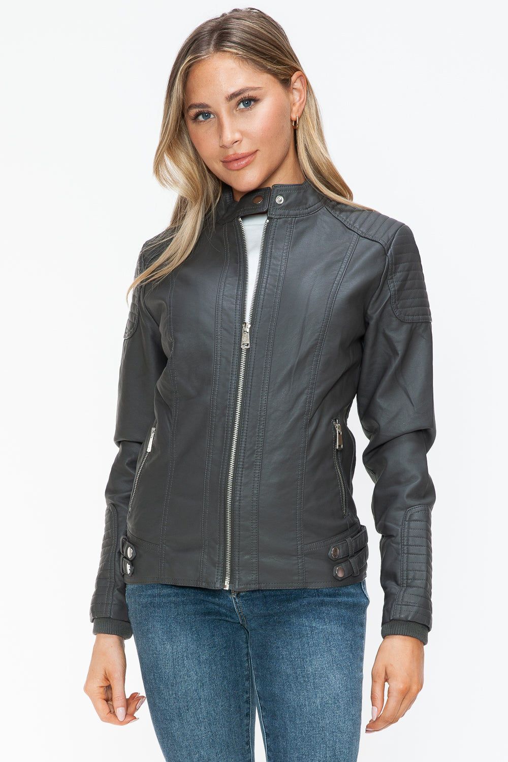 Snobbish Faux Leather Biker Jacket with Side Zip Pockets 