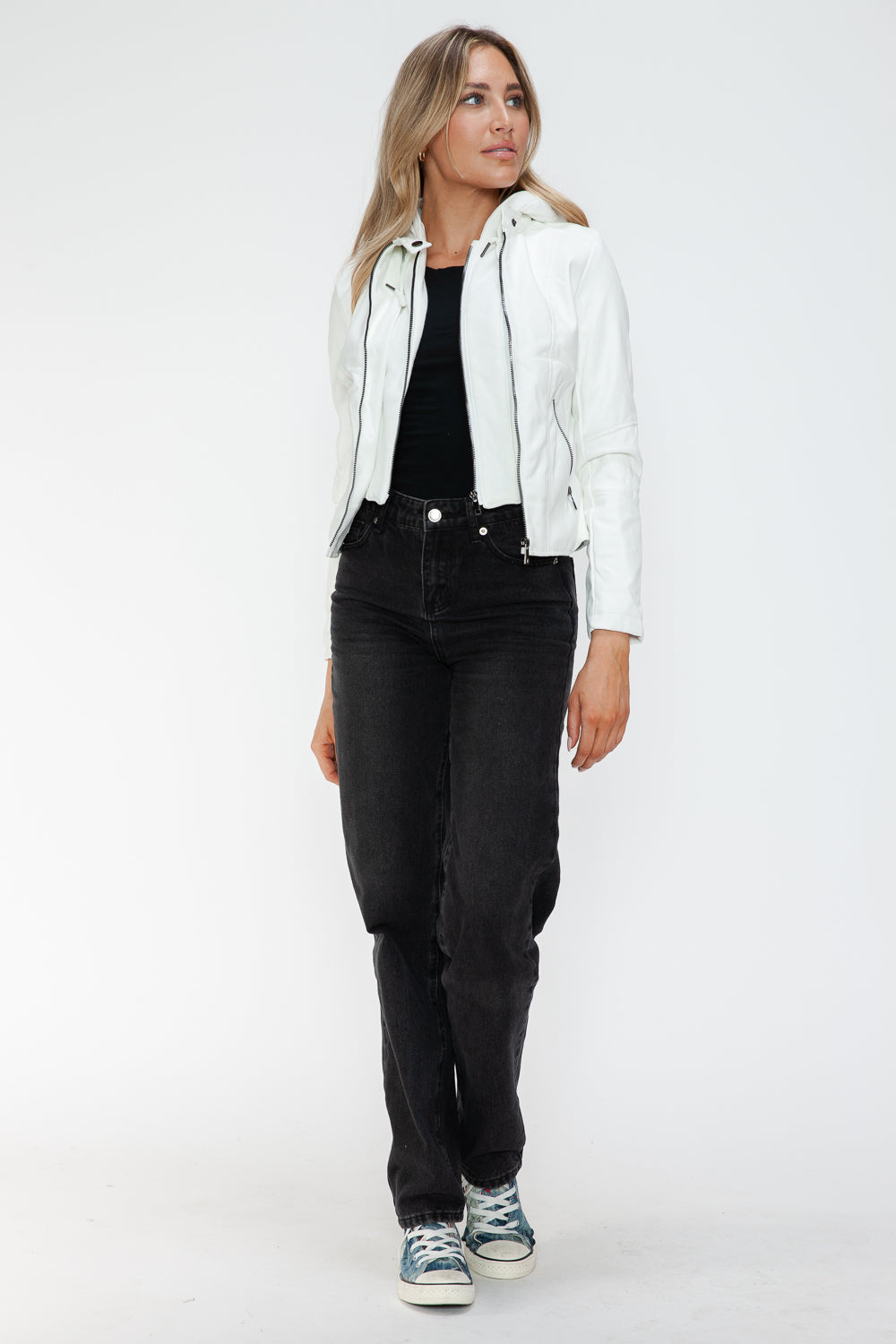 Snobbish Faux Leather Zip Up Drawstring Hooded Jacket 