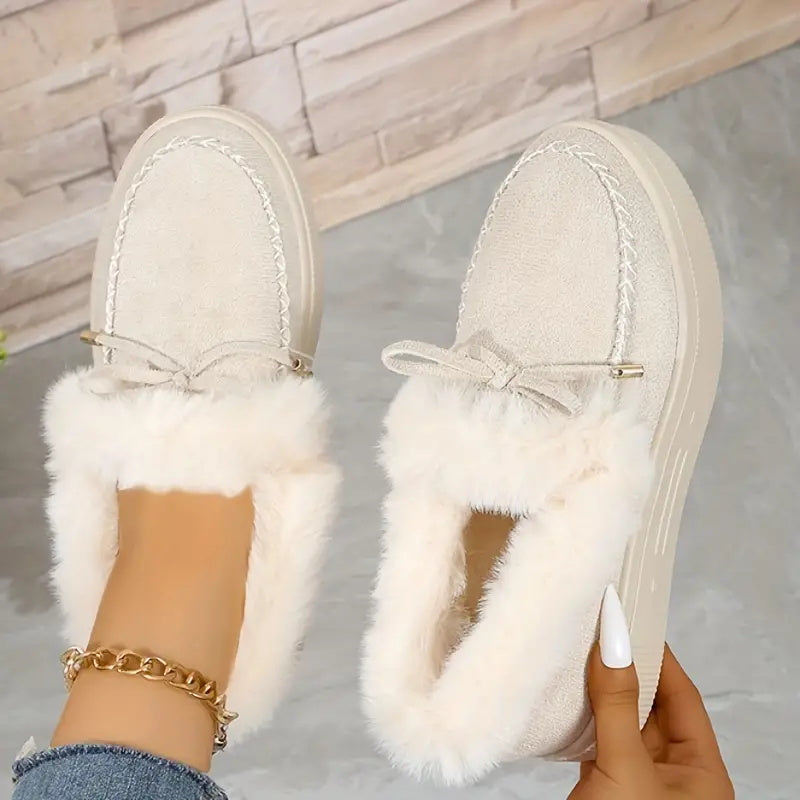 Bow Furry Round Toe Flat Slip-Ons 