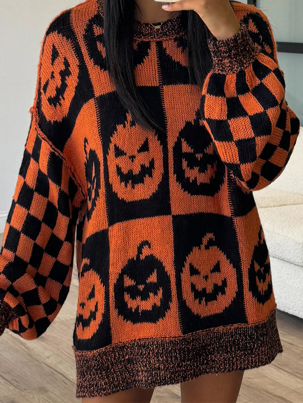 Exposed Seam Pumpkin Round Neck Long Sleeve Sweater 