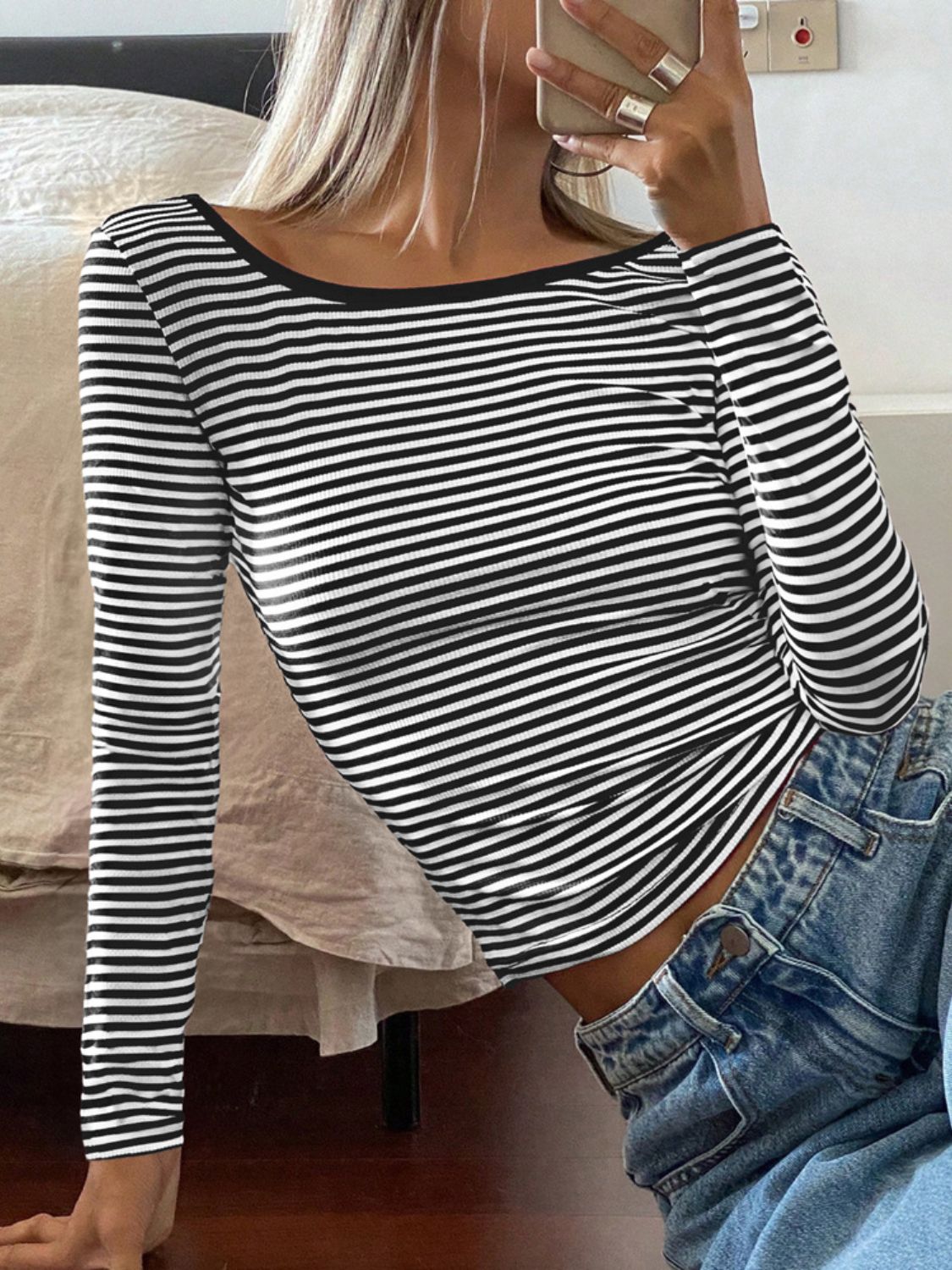 Devine Backless Striped Boat Neck Long Sleeve T-Shirt 