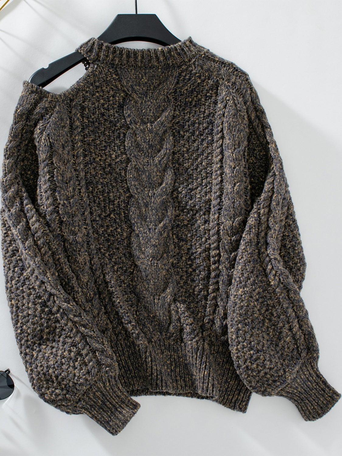 Cable Knit Round Neck Cold Shoulder Sweater 