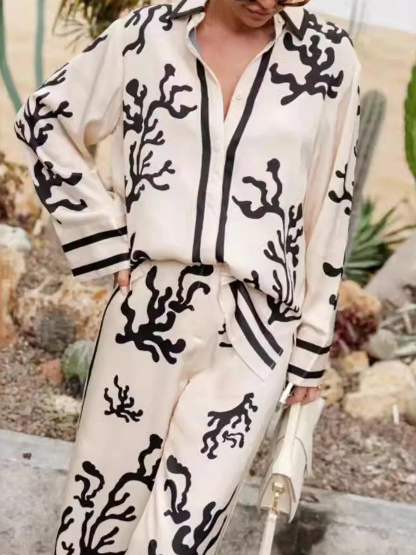 Printed Long Sleeve Shirt and Pants Set Two Piece Dresses