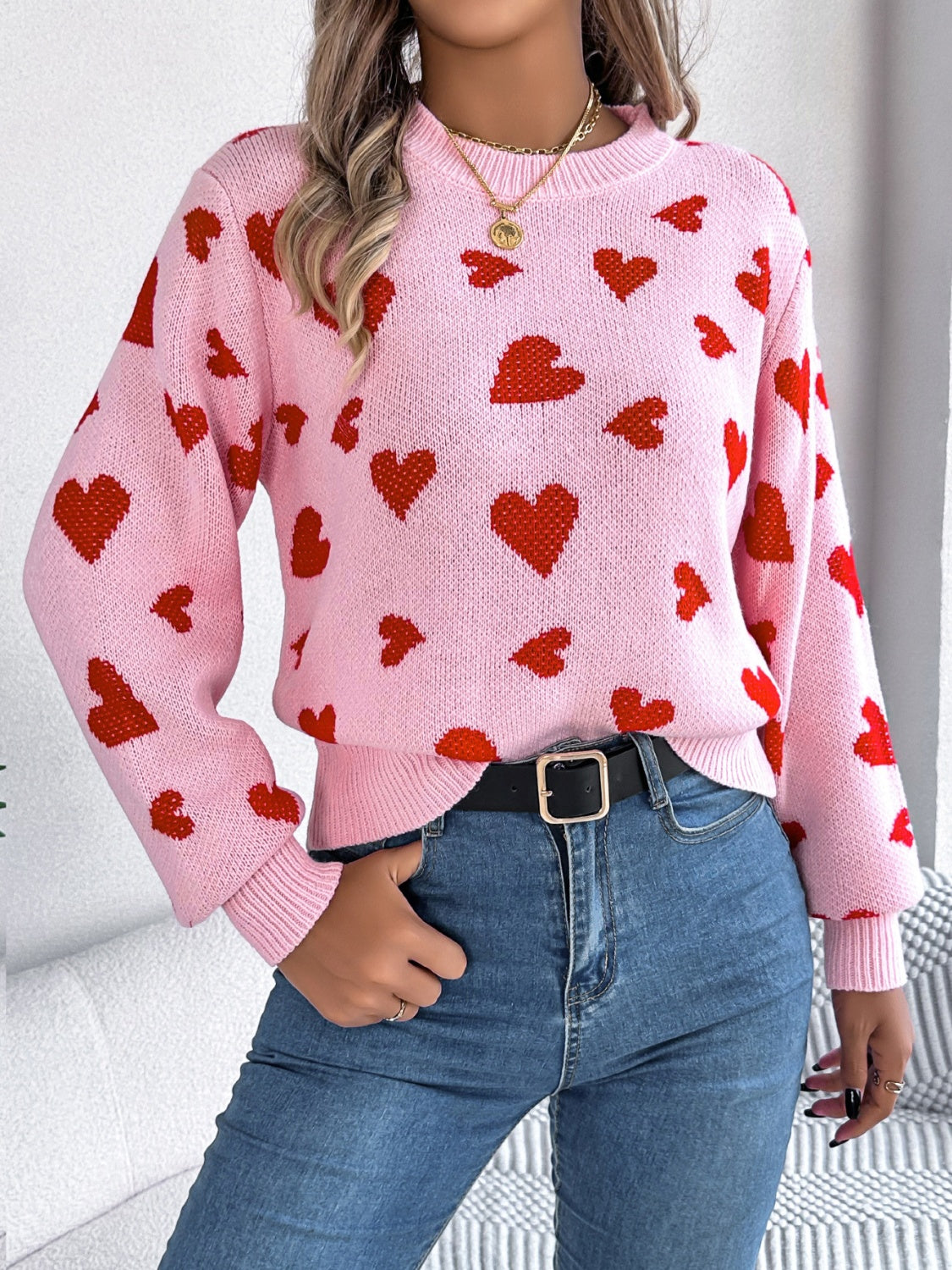 Heart Round Neck Long Sleeve Sweater 