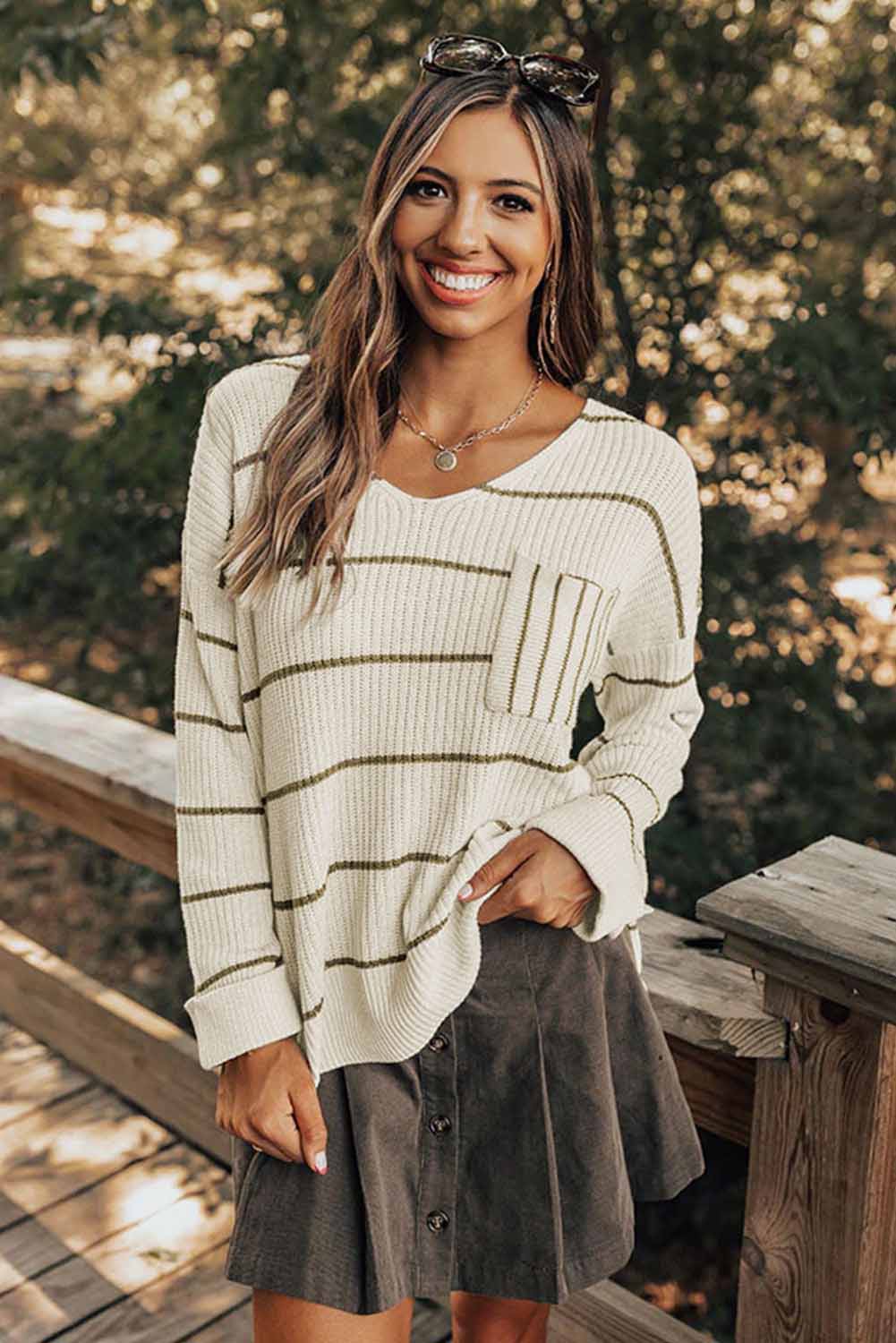 Striped V-Neck Drop Shoulder Sweater 