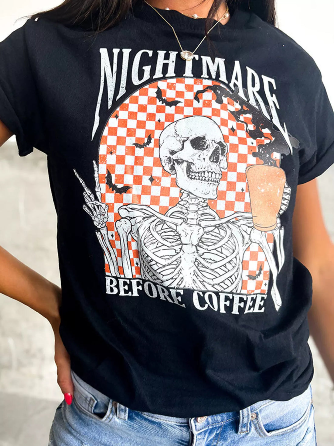 Halloween Skull Checkerboard Graphic Round Neck T-Shirt 