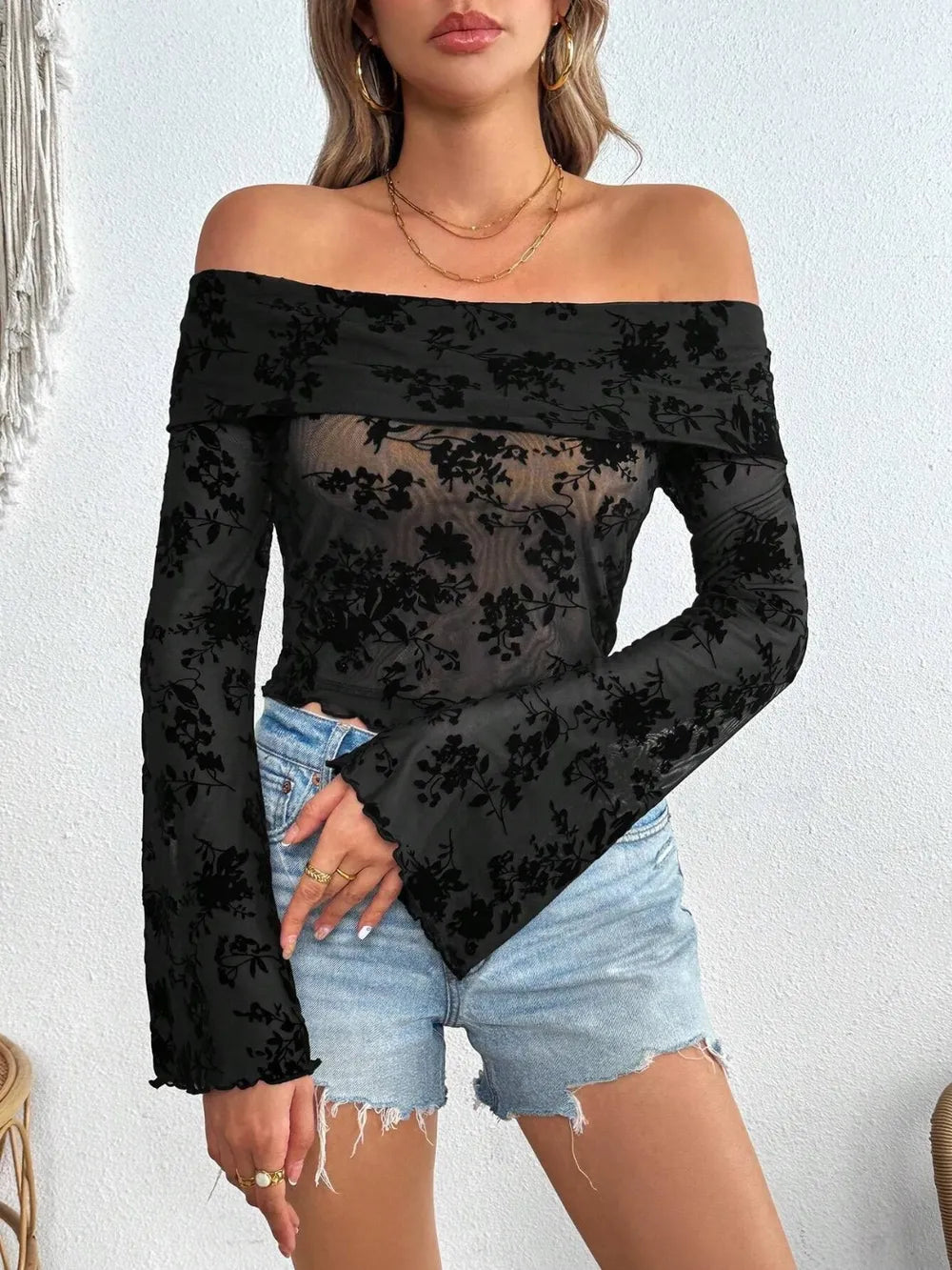Off-Shoulder Flare Sleeve Lace Top 