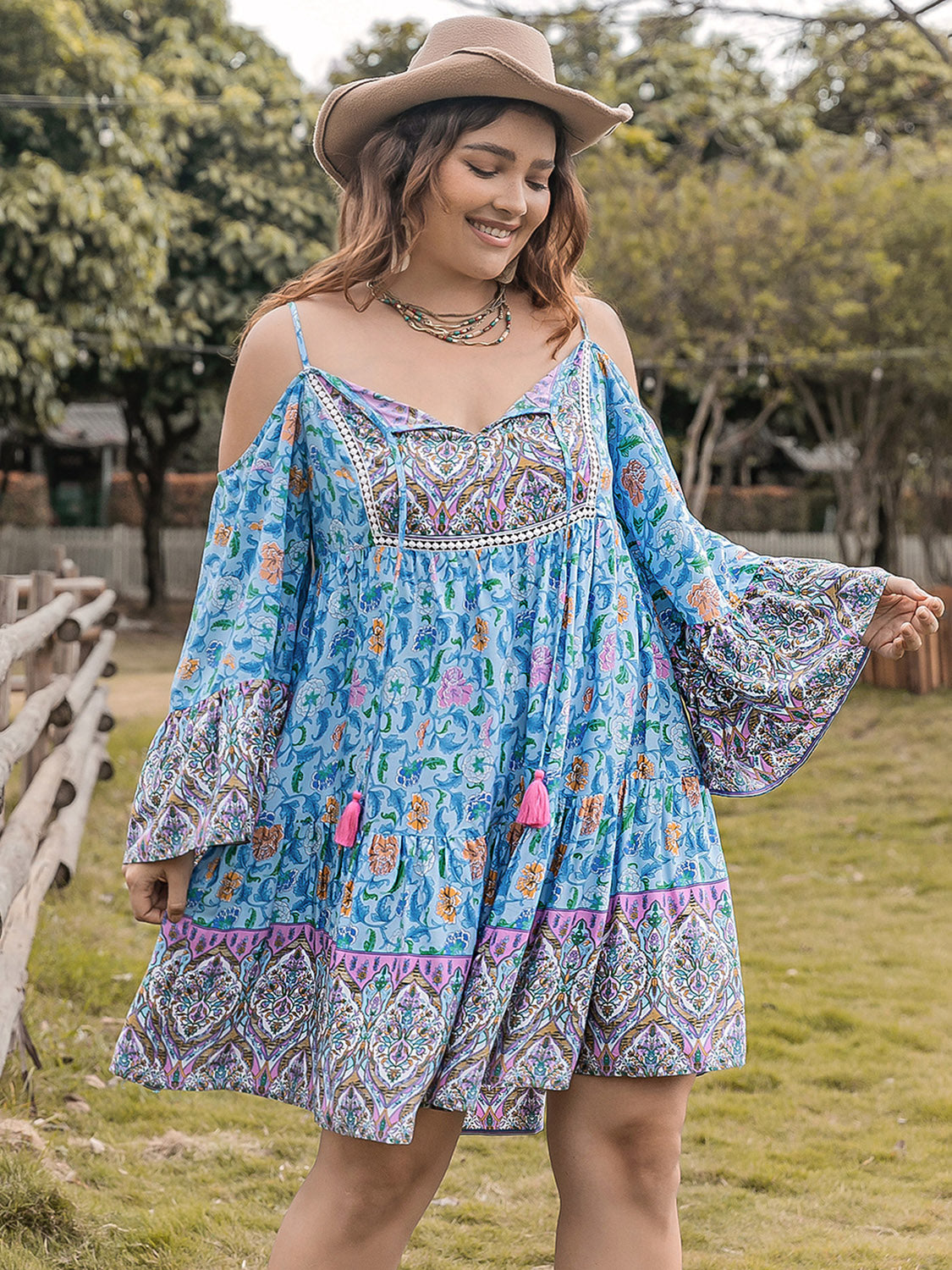 Plus Size Printed Long Sleeve Mini Dress 
