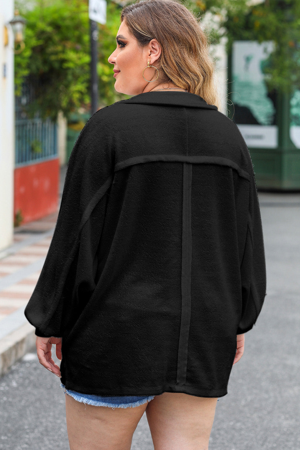 Plus Size Half Button Collared Neck Long Sleeve Blouse 