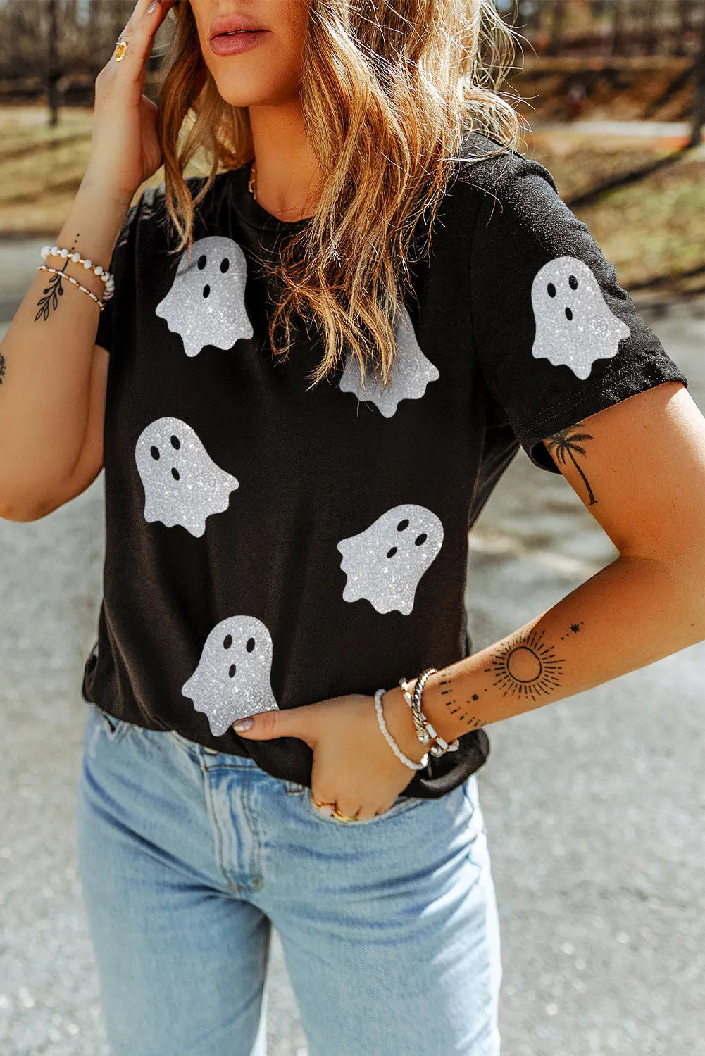 Glitter Ghost Round Neck Short Sleeve T-Shirt 