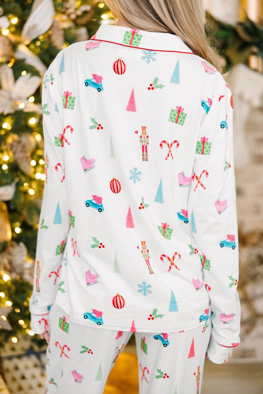 Christmas Printed Collared Neck Top and Pants Lounge Set 