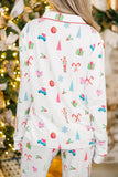Christmas Printed Collared Neck Top and Pants Lounge Set 
