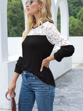 Waffle-Knit Lace Round Neck Long Sleeve T-Shirt 