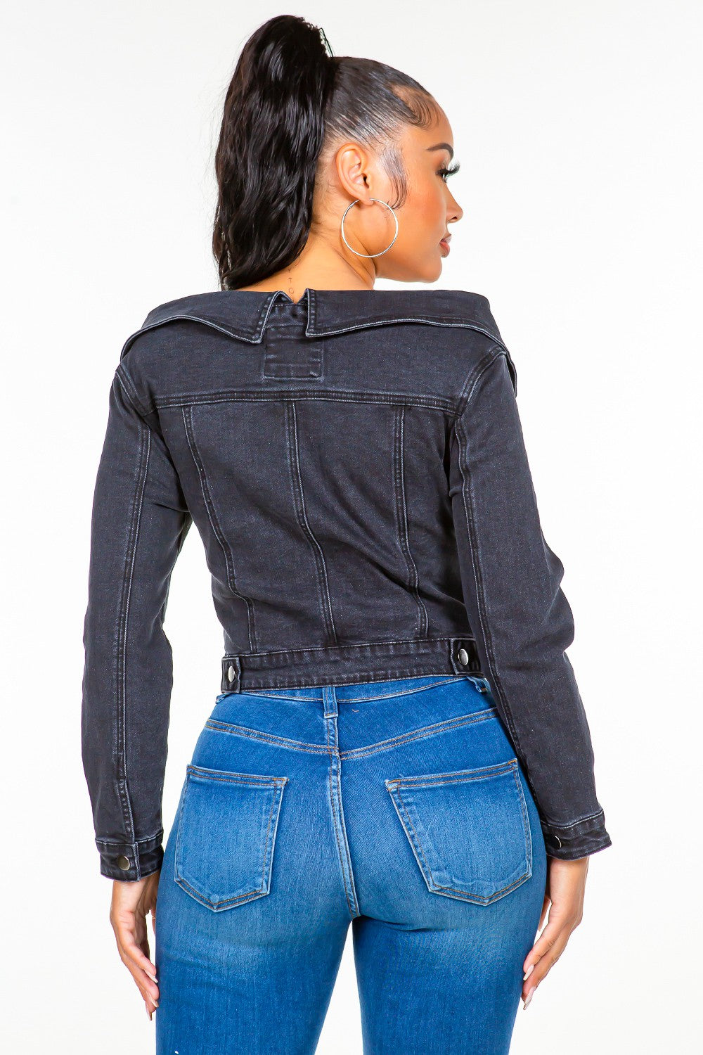 American Bazi Off Shoulder Lace Up Denim Jacket 