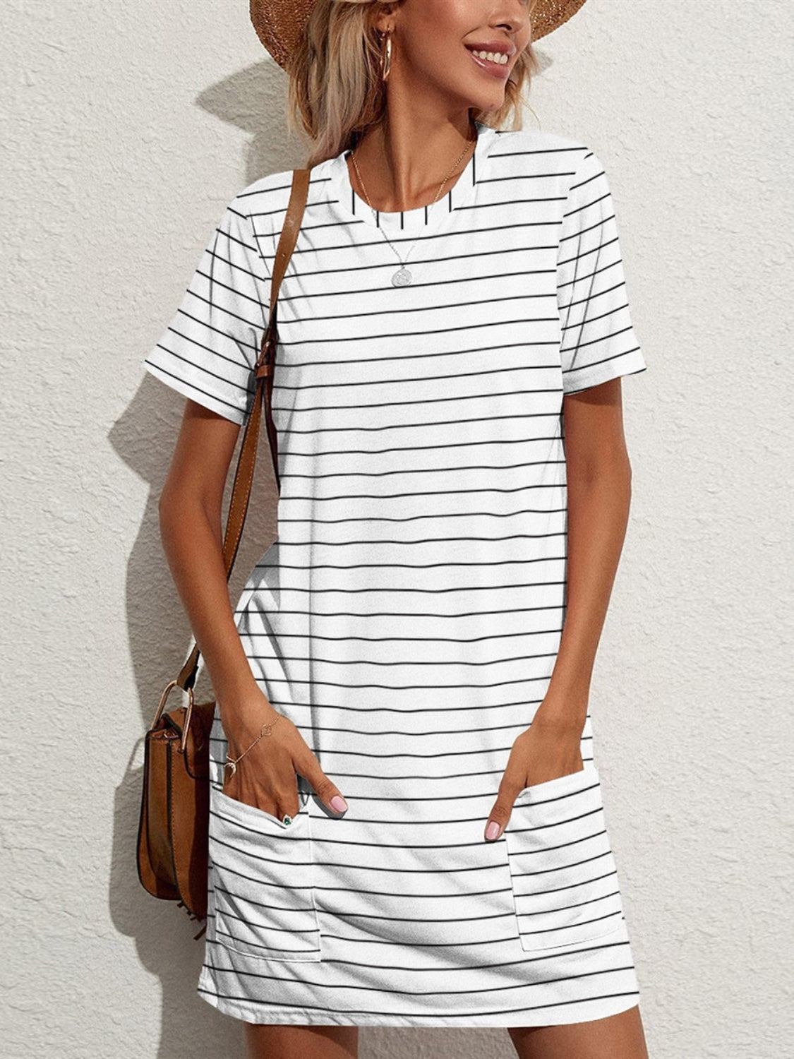 FAM-FAM Pocketed Striped Round Neck Short Sleeve Dress 