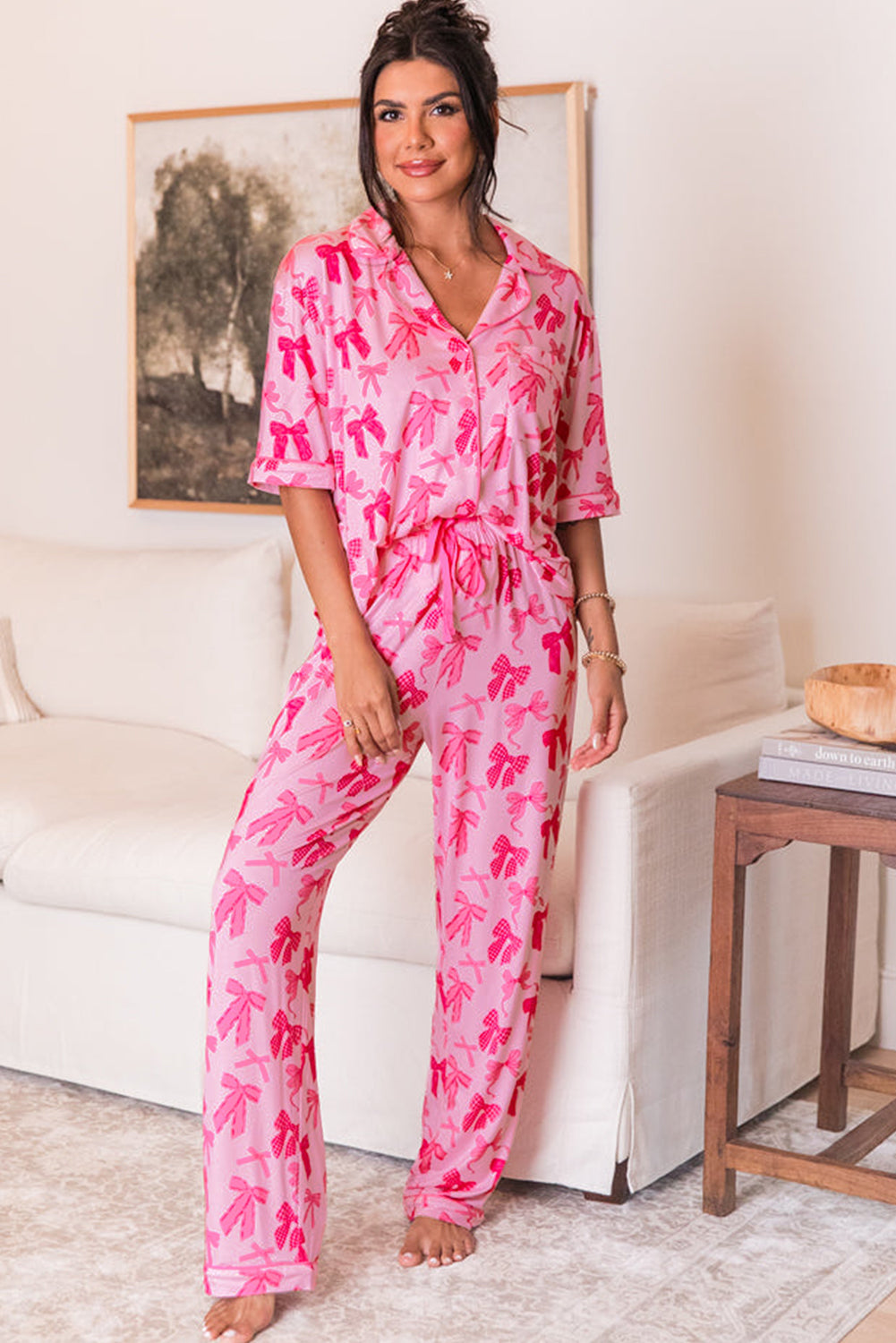 Pink Bow Knot Print Lapel Collar Short Sleeve and Pants Pajamas Set Loungewear & Sleepwear/Sleepwear