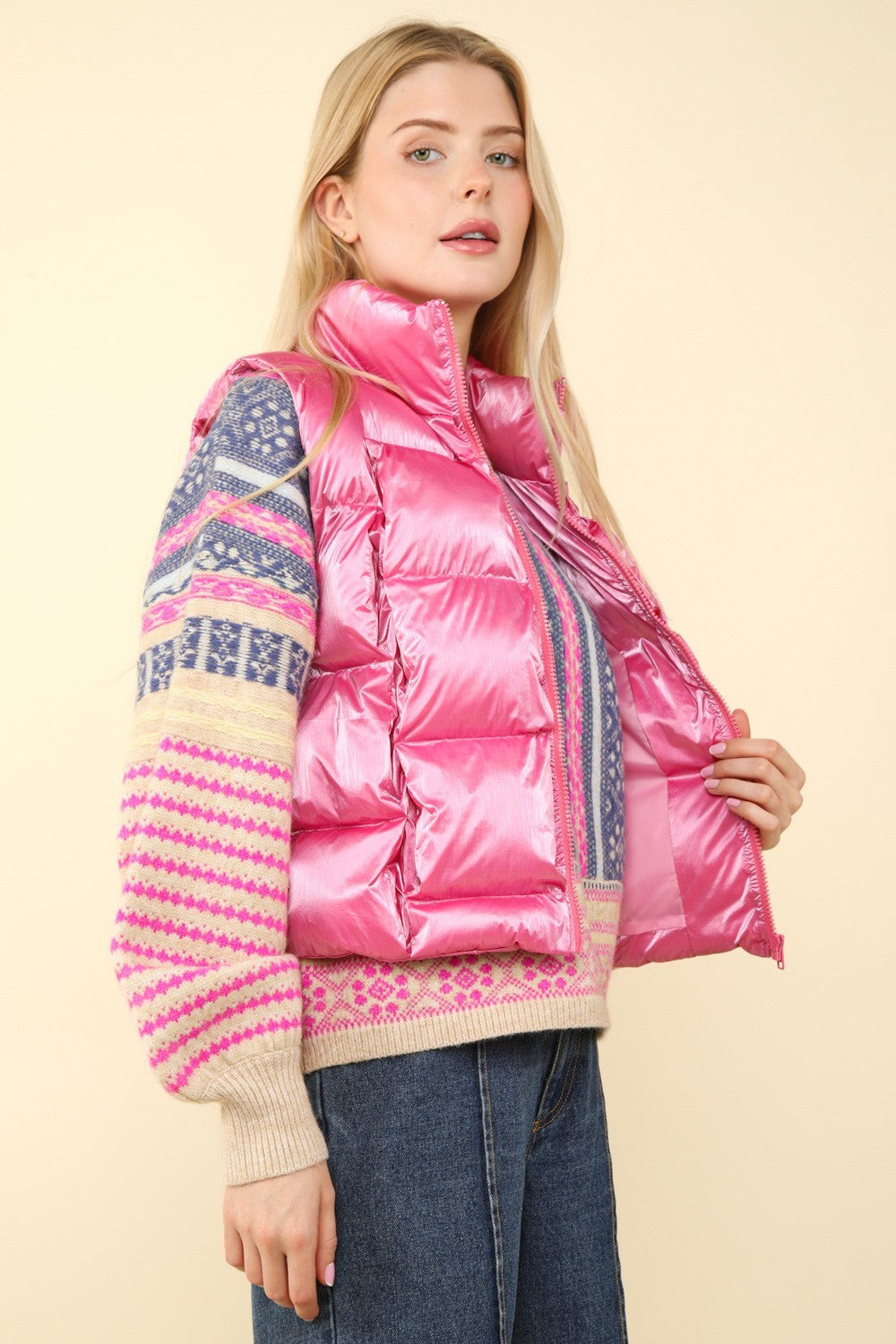 VERY J Shiny Metallic Zip Up Puffer Vest 