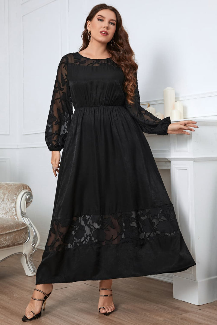 Honey Melo Apparel Plus Size Embroidery Round Neck Long Sleeve Maxi Dress 