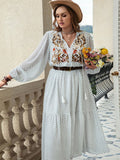 Plus Size Printed Tie Neck Long Sleeve Midi Dress 
