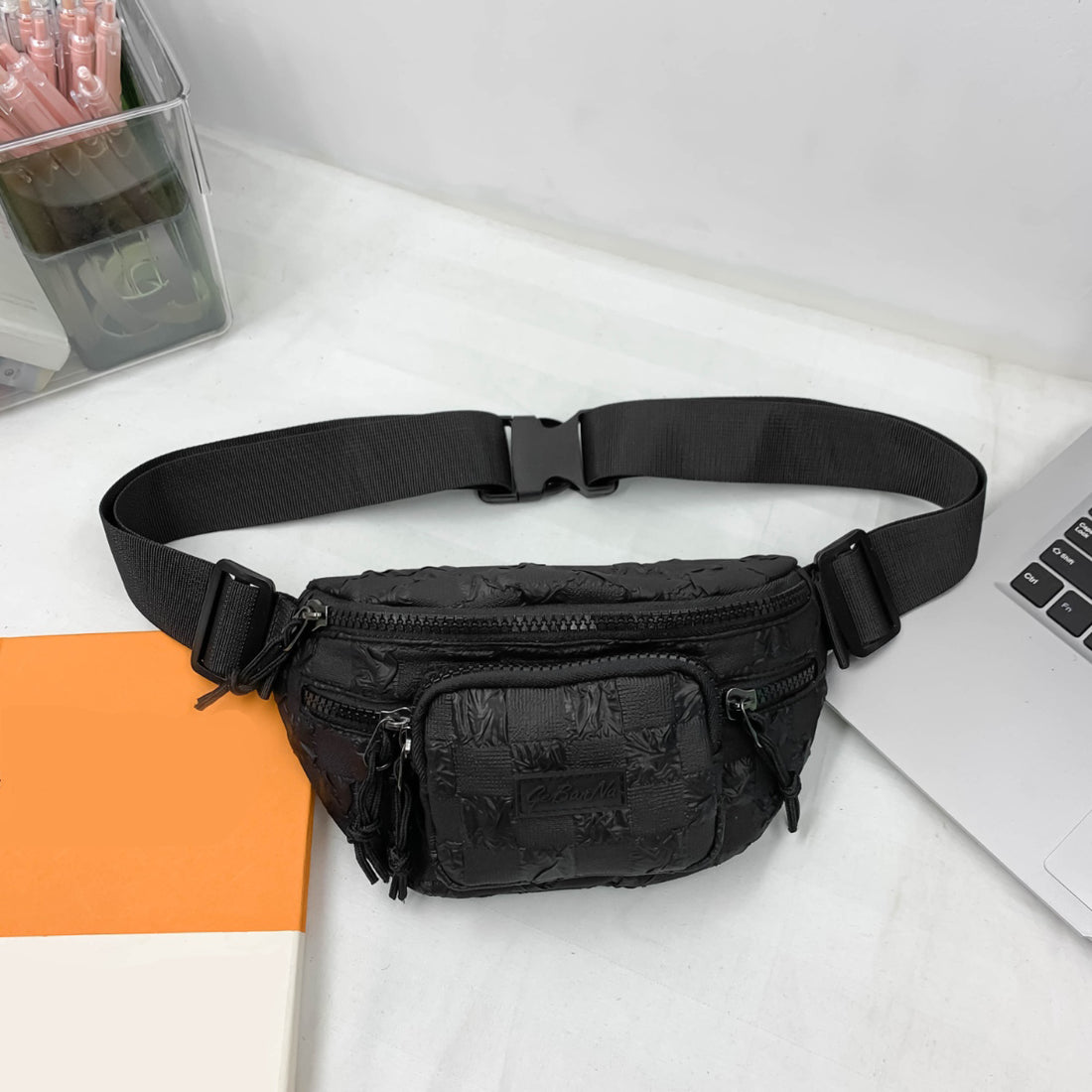 Checkered Adjustable Strap Nylon Crossbody Bag 