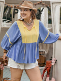 Plus Size Ruched Tie Neck Balloon Sleeve Blouse 