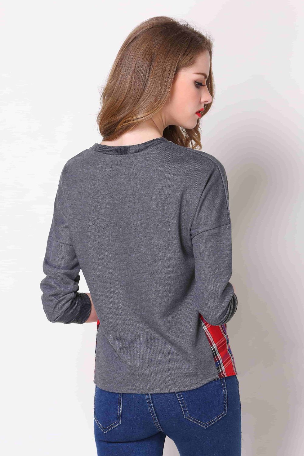 Full Size Plaid Patch Drop Shoulder Round Neck Top 