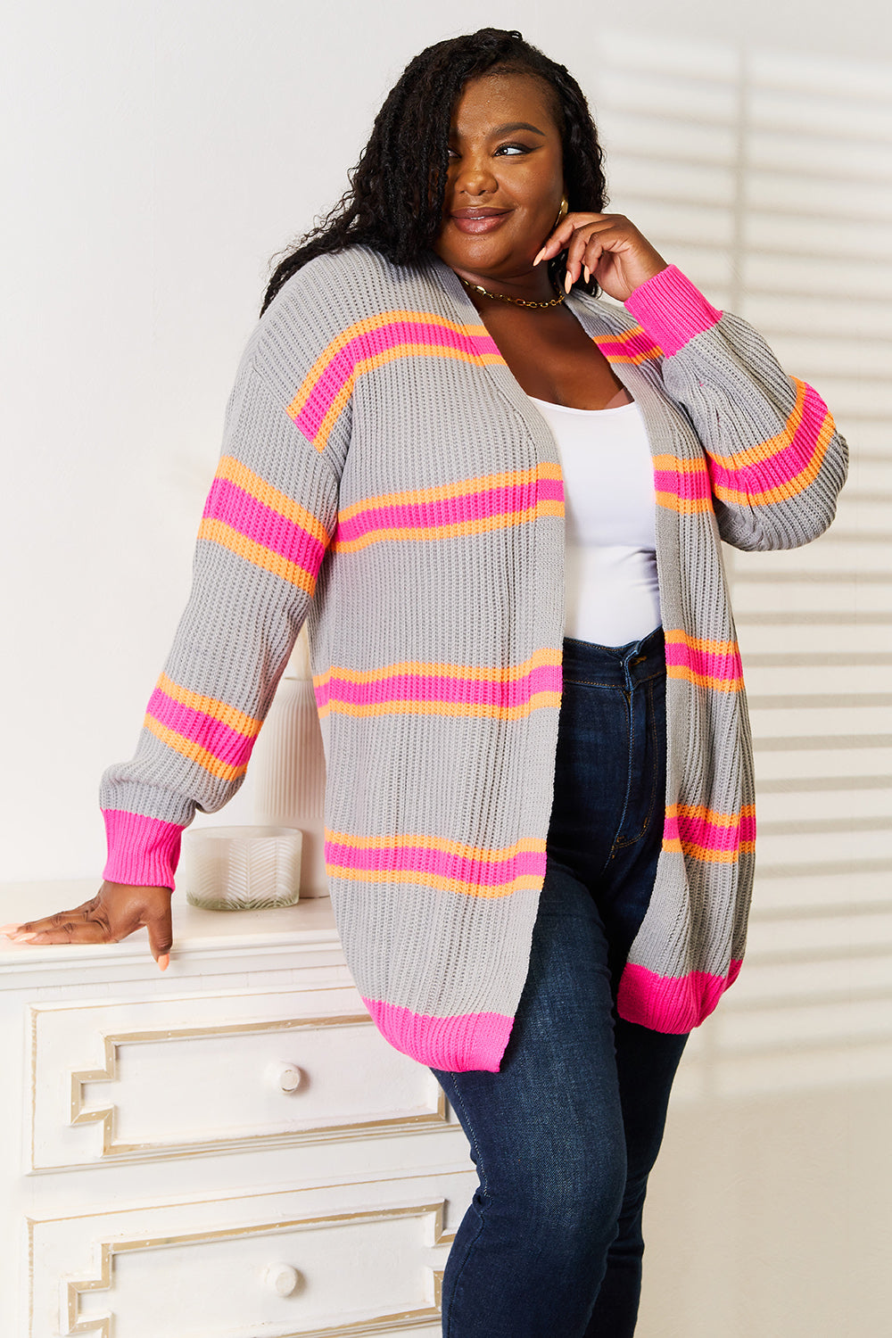 Woven Right Ribbed Long Sleeve Cardigan 