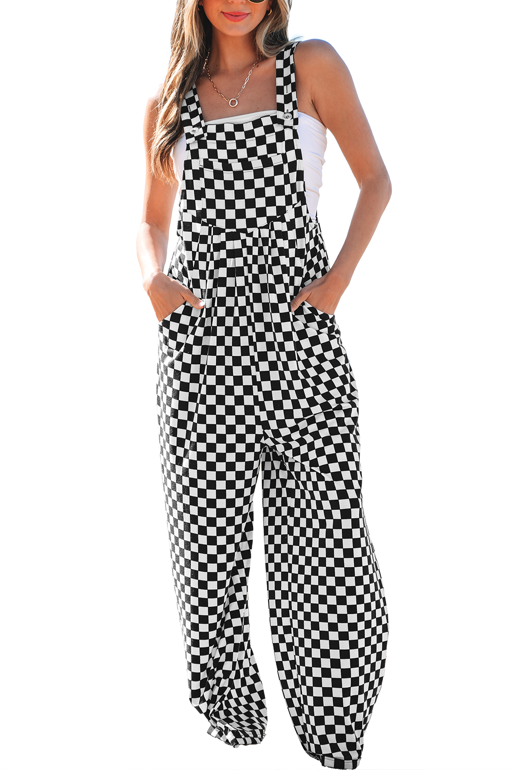 Black Checkered Print Pocketed Wide Leg Jumpsuit Bottoms/Jumpsuits & Rompers