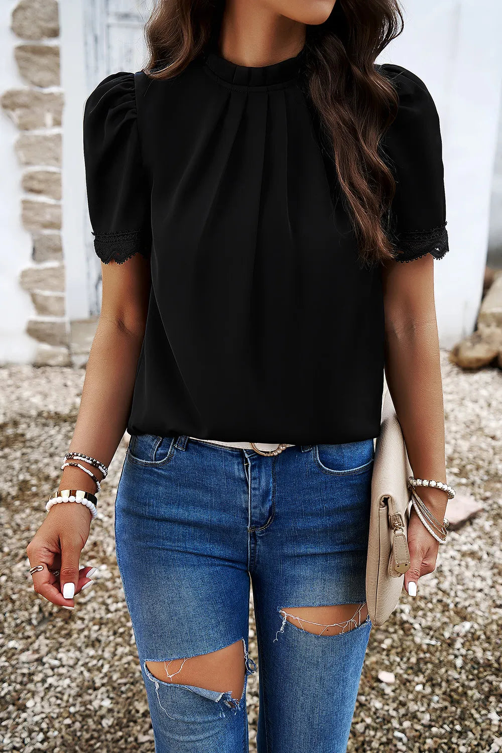 Devine Ruched Mock Neck Short Sleeve Blouse 