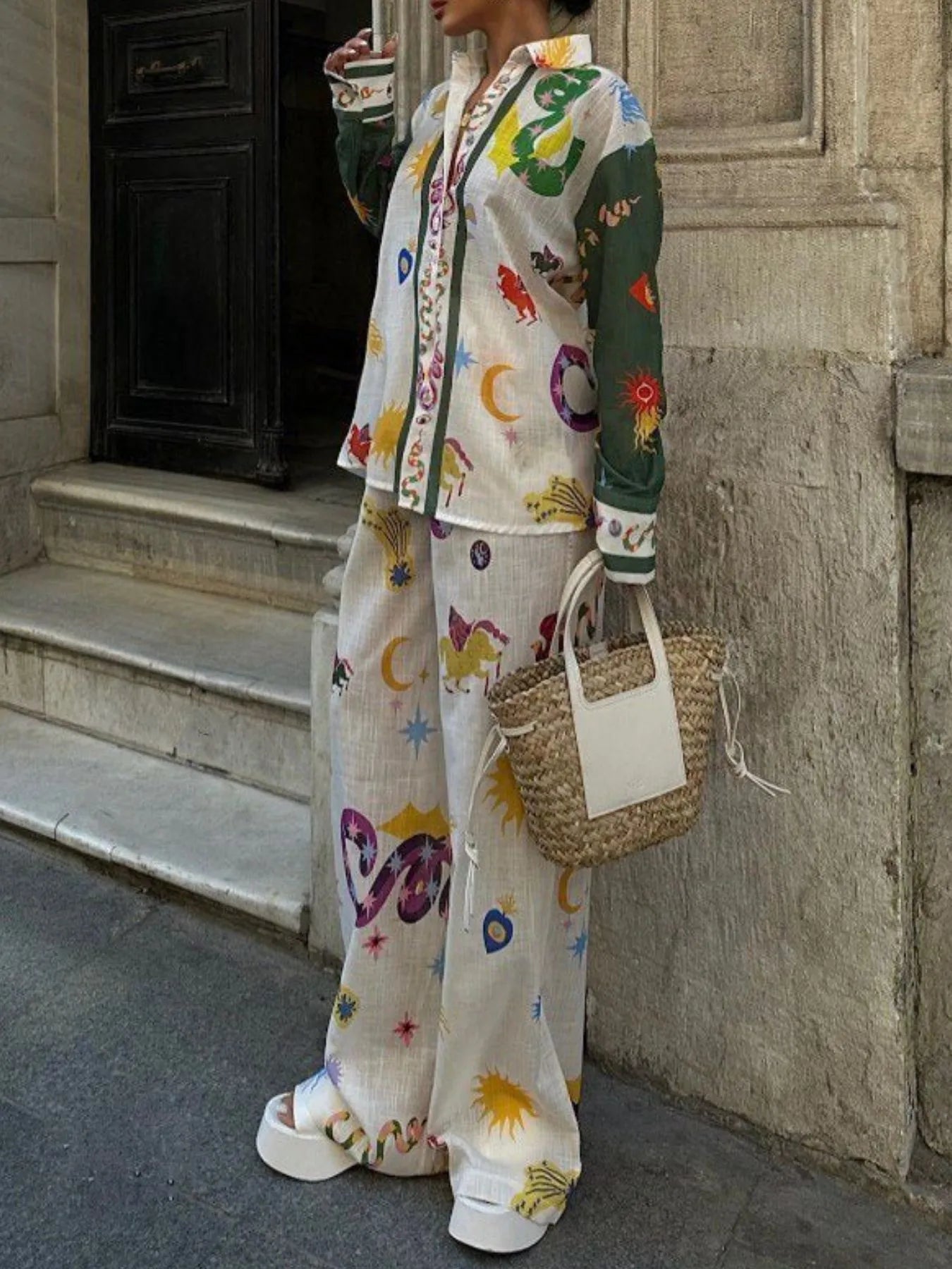 Printed Button Down Shirt and Pants Set Two Piece Dresses