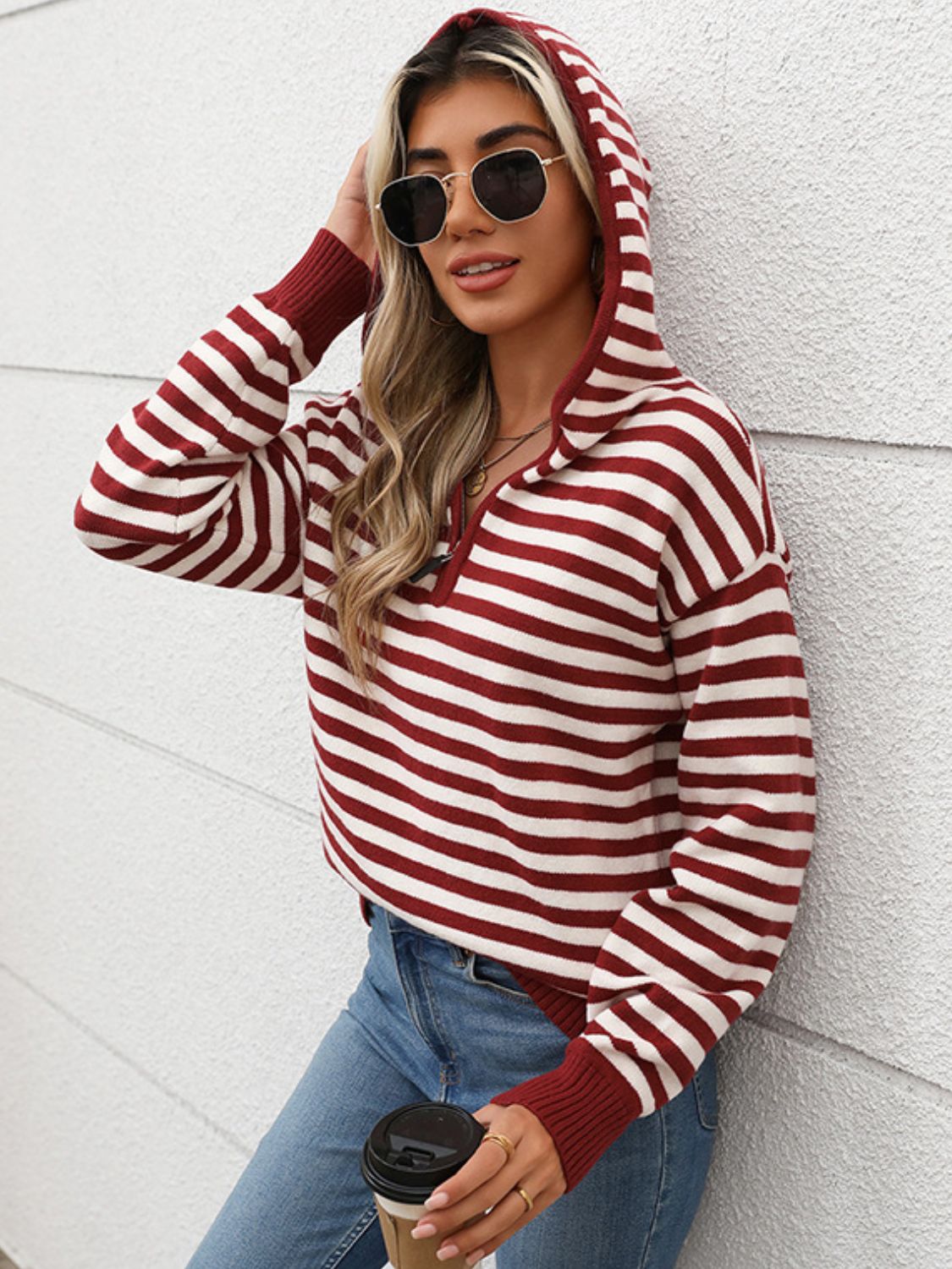 Perfee Striped Long Sleeve Hooded Sweater 