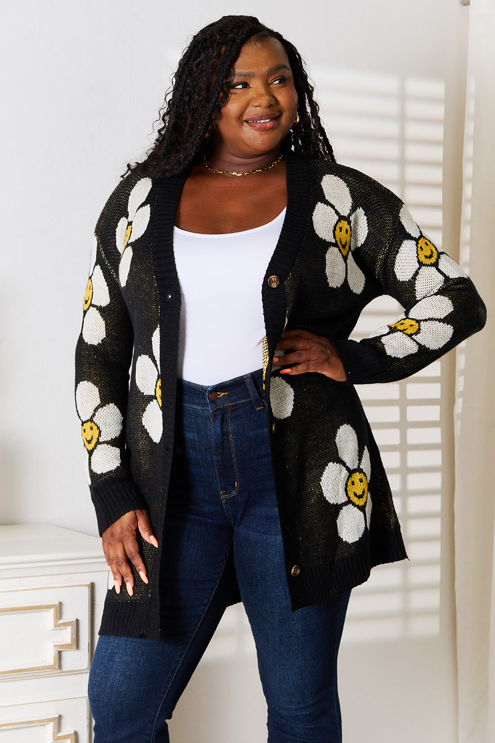 Perfee Floral Button Down Longline Cardigan 