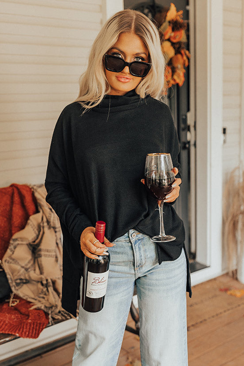 Side Slit High-Low Cowl Neck Long Sleeve Blouse 