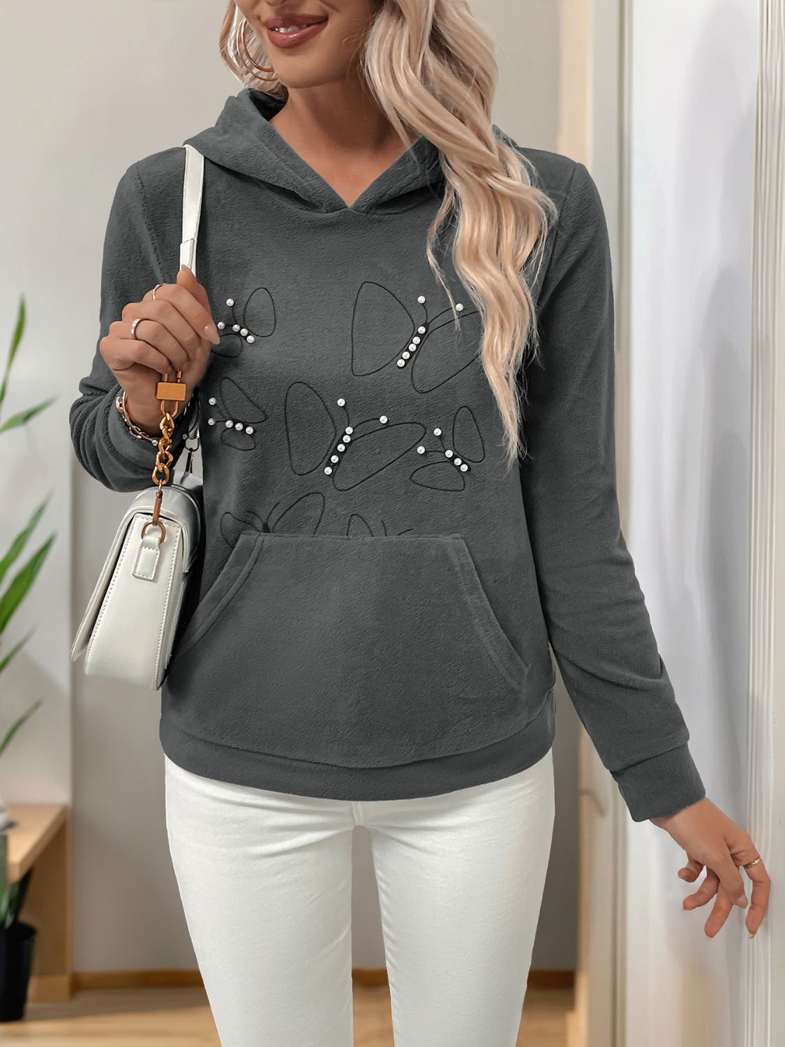 Perfee Pearl Butterfly Long Sleeve Hoodie 
