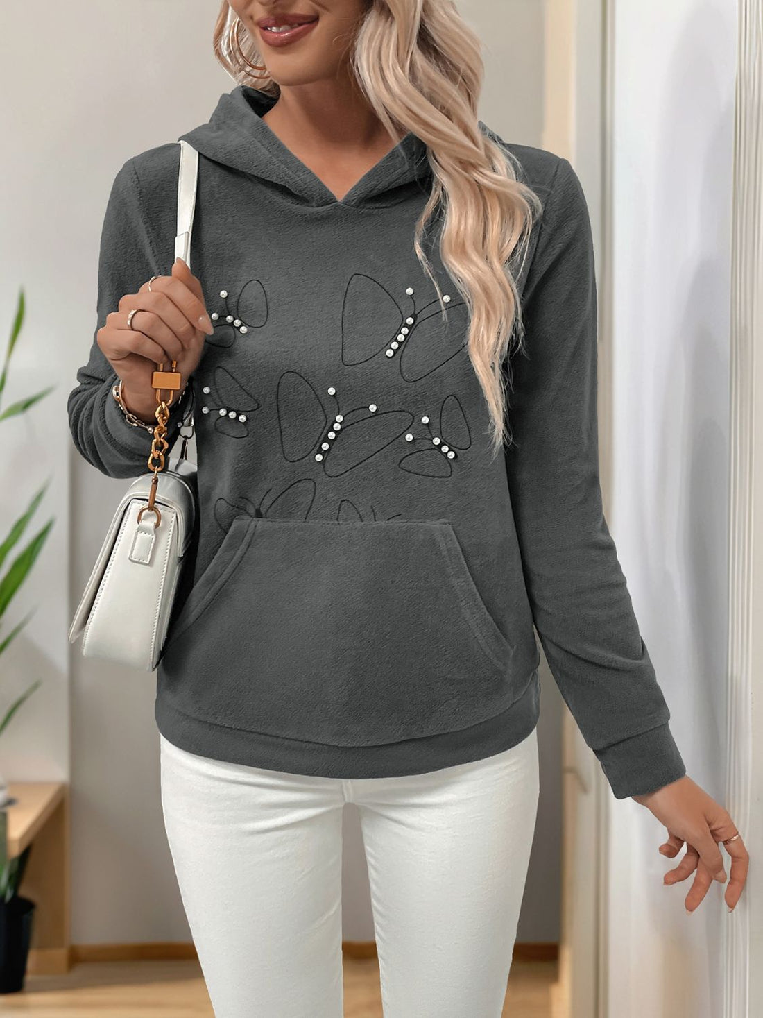 Perfee Pearl Butterfly Long Sleeve Hoodie 