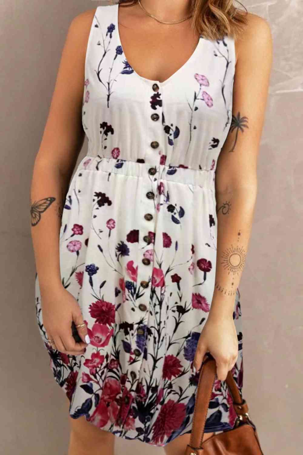 Double Take Scoop Neck Buttoned Sleeveless Magic Dress with Pockets 