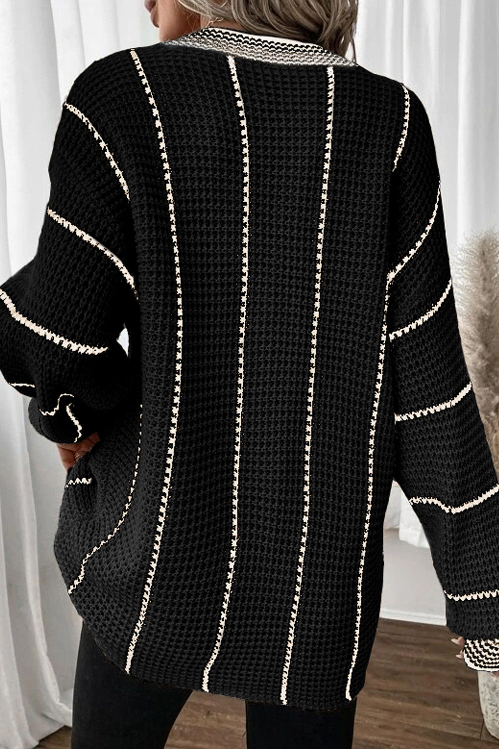 Black Colorblock Striped V Neck Knitted Loose Sweater Sweaters & Cardigans/Sweaters
